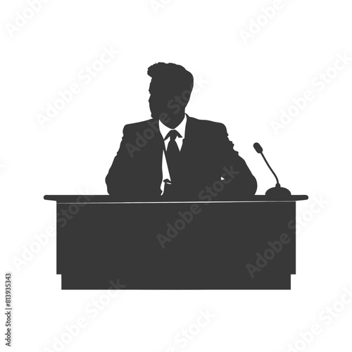 Silhouette news anchor man in action sit in front desk black color only