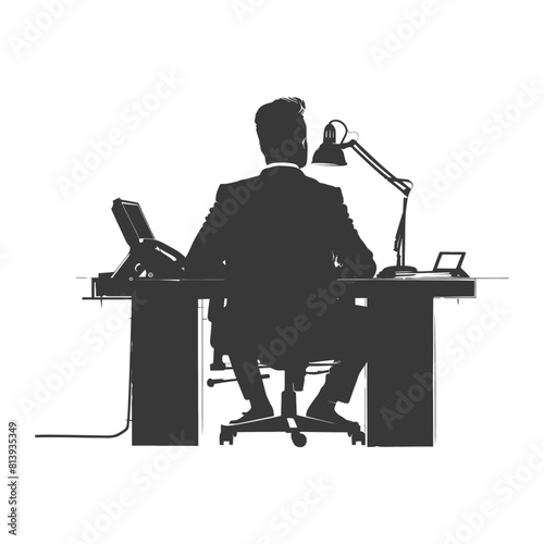 Silhouette news anchor man in action sit in front desk black color only