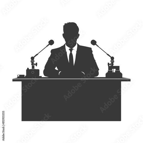 Silhouette news anchor man in action sit in front desk black color only
