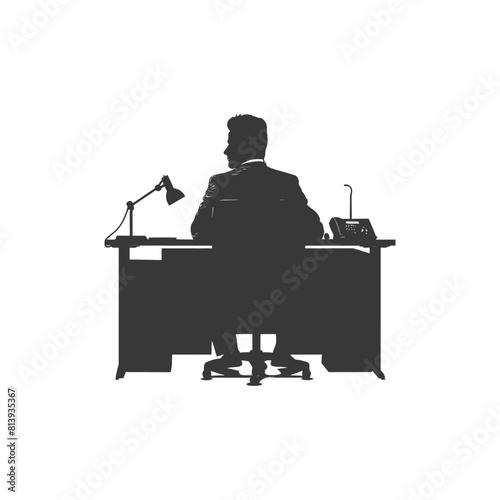 Silhouette news anchor man in action sit in front desk black color only