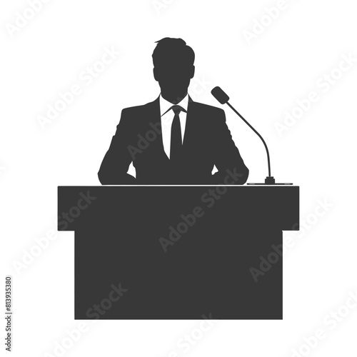 Silhouette news anchor man in action sit in front desk black color only