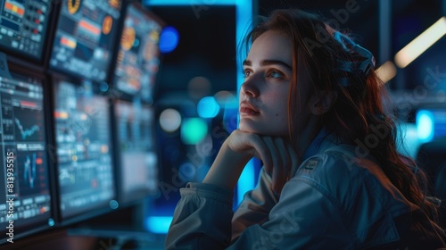 In a Mission Control Center, a beautiful portrait shows an emotional female flight controller being nervous before a very important rocket launch. Background computer screens.