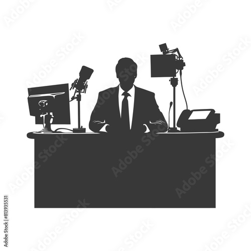Silhouette news anchor man in action sit in front desk black color only