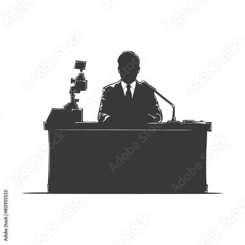 Silhouette news anchor man in action sit in front desk black color only