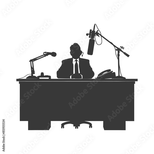 Silhouette news anchor man in action sit in front desk black color only