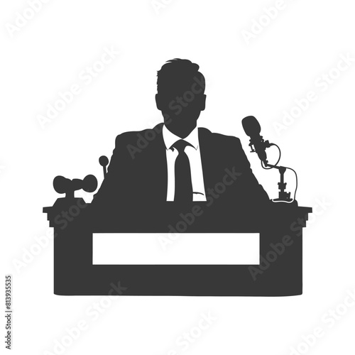Silhouette news anchor man in action sit in front desk black color only