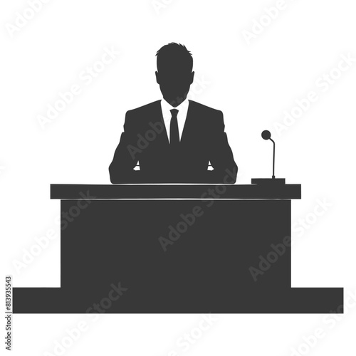 Silhouette news anchor man in action sit in front desk black color only