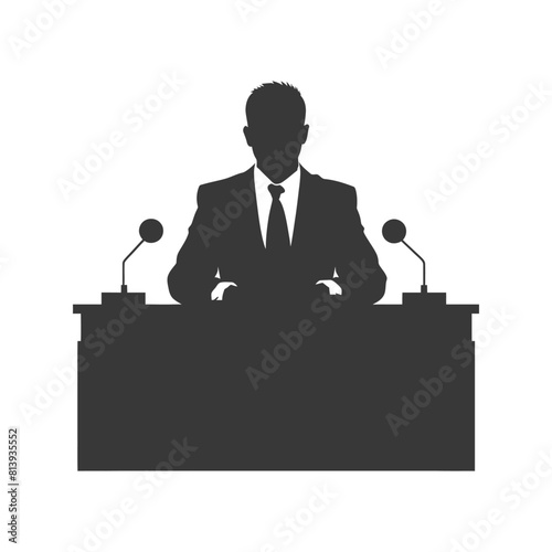 Silhouette news anchor man in action sit in front desk black color only