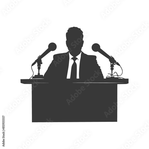 Silhouette news anchor man in action sit in front desk black color only