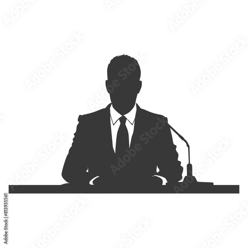 Silhouette news anchor man in action sit in front desk black color only