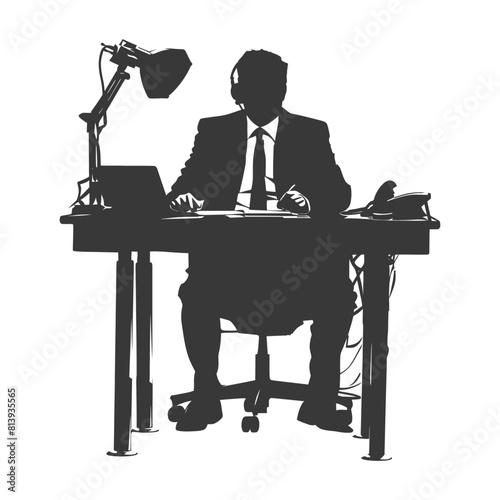 Silhouette news anchor man in action sit in front desk black color only