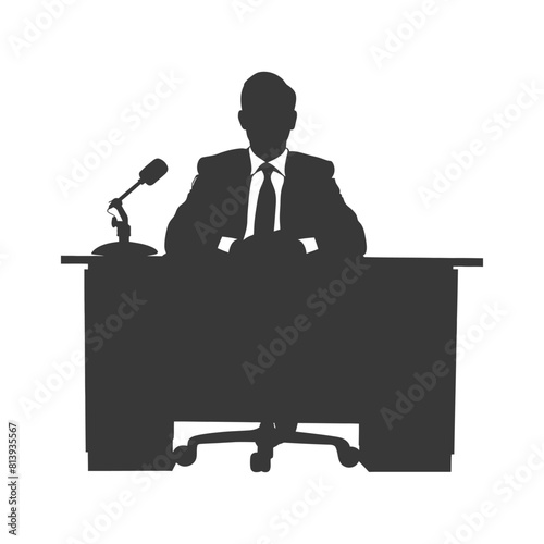 Silhouette news anchor man in action sit in front desk black color only