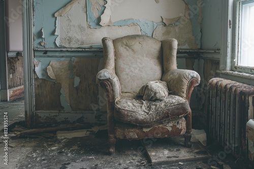 An old, tattered armchair sits in a neglected room with peeling walls, evoking a sense of abandonment and decay photo