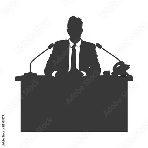 Silhouette news anchor man in action sit in front desk black color only