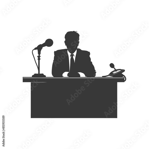 Silhouette news anchor man in action sit in front desk black color only
