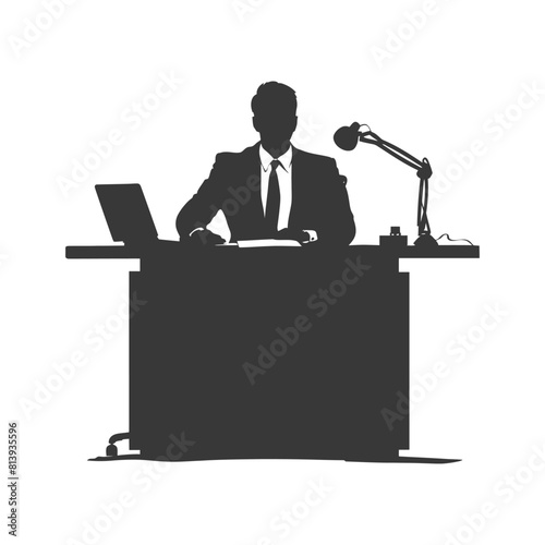 Silhouette news anchor man in action sit in front desk black color only