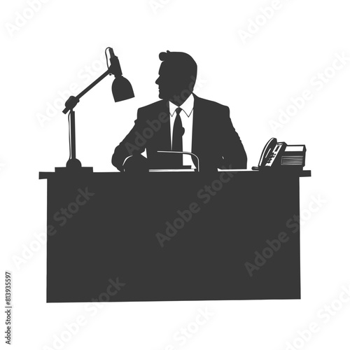 Silhouette news anchor man in action sit in front desk black color only