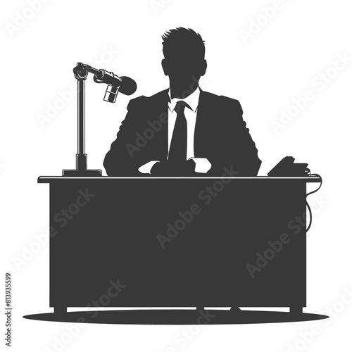 Silhouette news anchor man in action sit in front desk black color only