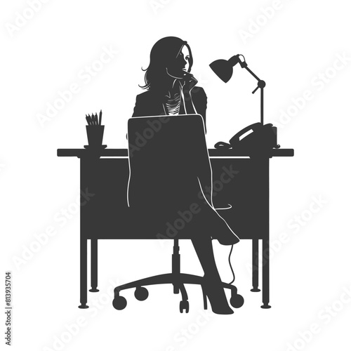 Silhouette news anchor women in action sit in front desk black color only