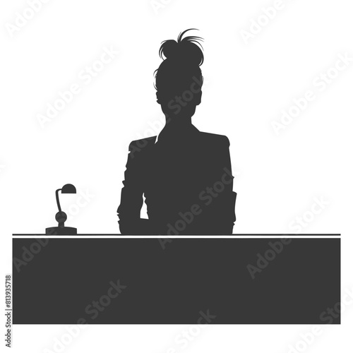 Silhouette news anchor women in action sit in front desk black color only