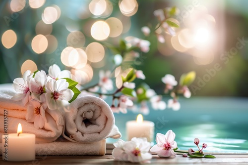 Towels  candles  and cherry blossoms create a serene spa atmosphere with a soft focus on a tranquil green background