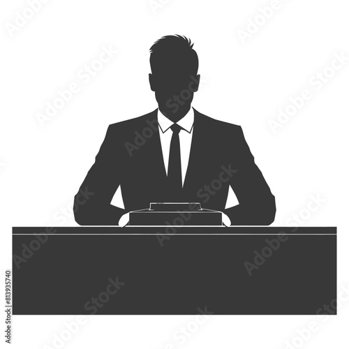 Silhouette news anchor man in action sit in front desk black color only