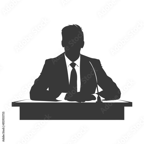 Silhouette news anchor man in action sit in front desk black color only