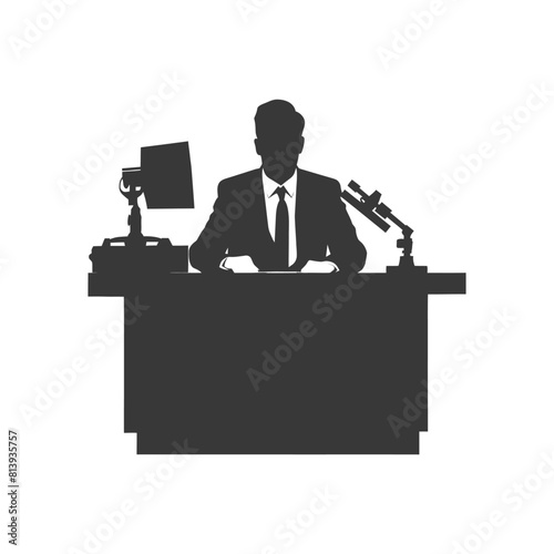 Silhouette news anchor man in action sit in front desk black color only