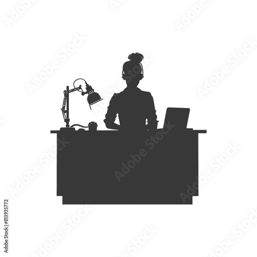 Silhouette news anchor women in action sit in front desk black color only
