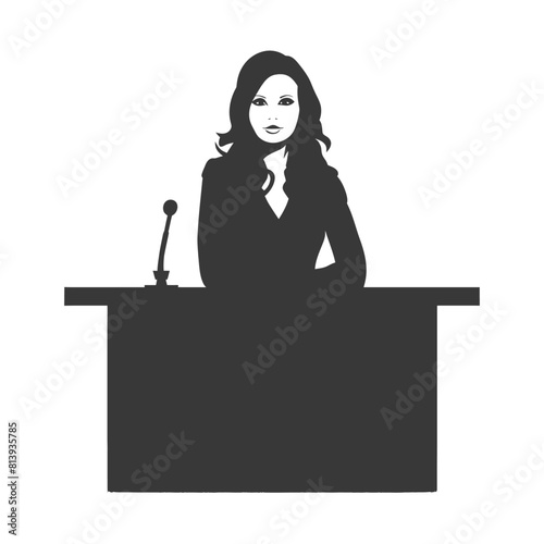 Silhouette news anchor women in action sit in front desk black color only