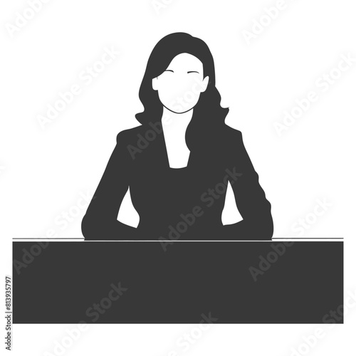 Silhouette news anchor women in action sit in front desk black color only