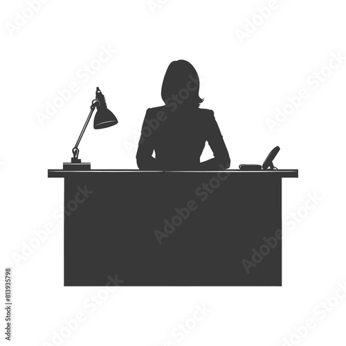Silhouette news anchor women in action sit in front desk black color only
