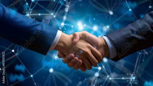 Close up of business people shaking hands against technology background, leader, teamwork, target, Aim, confident, achievement, goal, on plan, finish, generate by AI © pinkrabbit