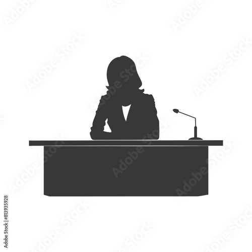 Silhouette news anchor women in action sit in front desk black color only