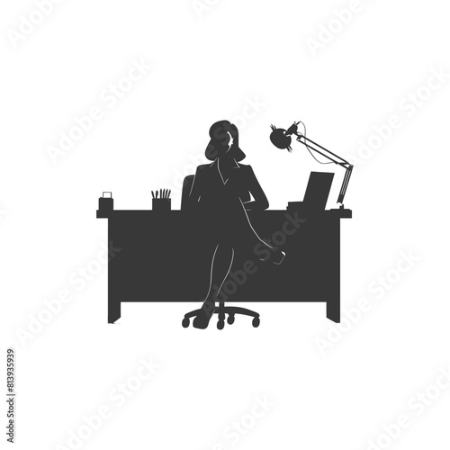 Silhouette news anchor women in action sit in front desk black color only