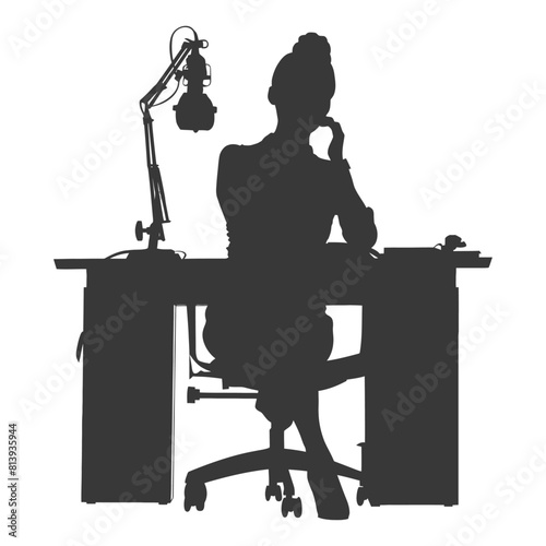 Silhouette news anchor women in action sit in front desk black color only