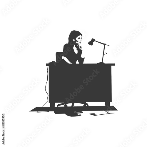 Silhouette news anchor women in action sit in front desk black color only