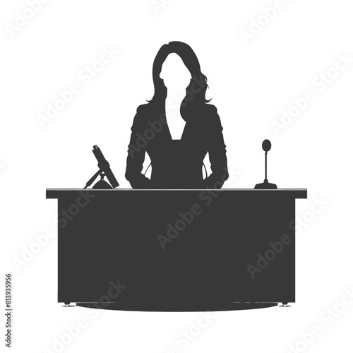Silhouette news anchor women in action sit in front desk black color only