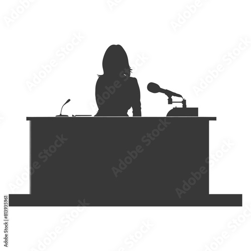 Silhouette news anchor women in action sit in front desk black color only