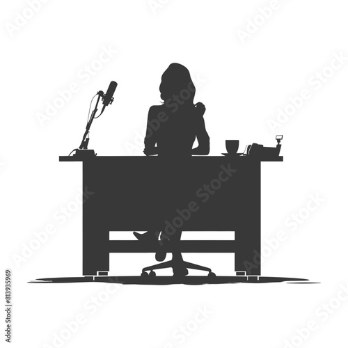 Silhouette news anchor women in action sit in front desk black color only
