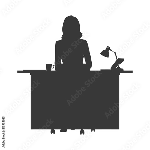 Silhouette news anchor women in action sit in front desk black color only