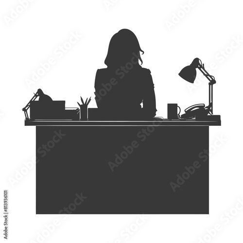 Silhouette news anchor women in action sit in front desk black color only
