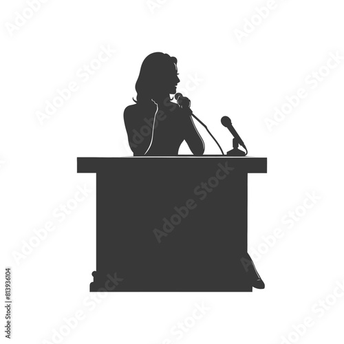 Silhouette news anchor women in action sit in front desk black color only