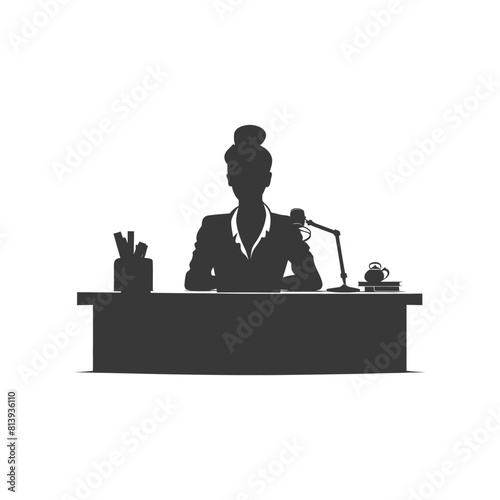 Silhouette news anchor women in action sit in front desk black color only