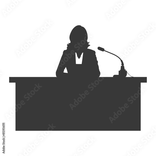 Silhouette news anchor women in action sit in front desk black color only
