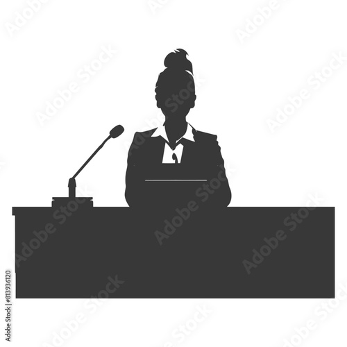 Silhouette news anchor women in action sit in front desk black color only