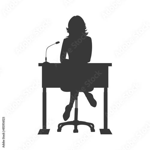 Silhouette news anchor women in action sit in front desk black color only