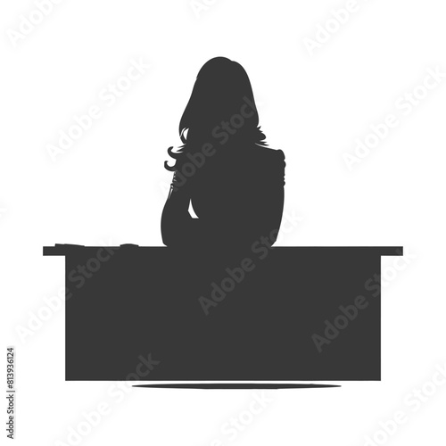 Silhouette news anchor women in action sit in front desk black color only