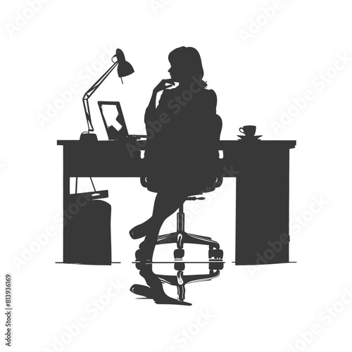 Silhouette news anchor women in action sit in front desk black color only