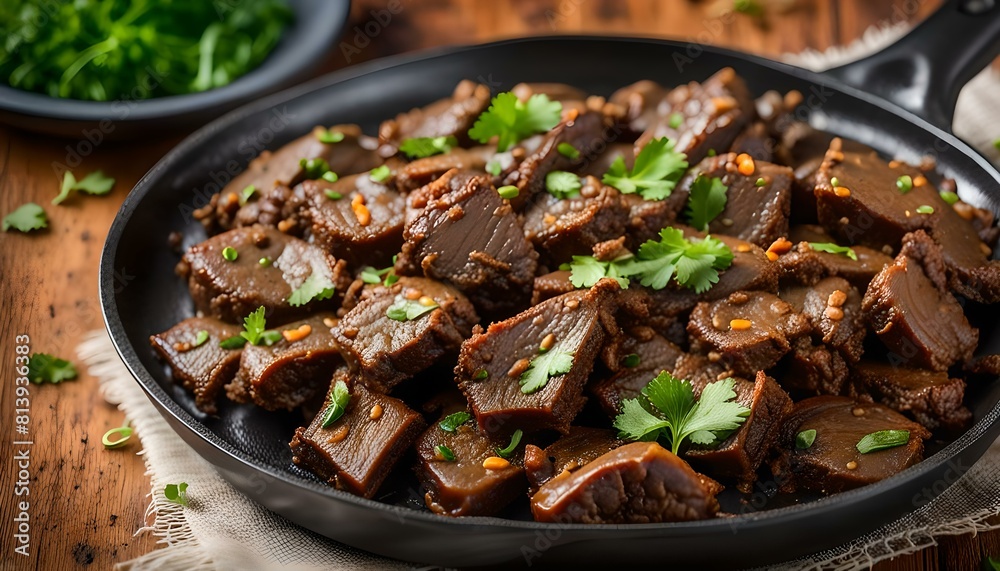 Fried lamb liver or kaleji masala, on a frying pan, a popular non-vegetarian recipe. Serve dry or with curry in a bowl, curry plate or plate
Fried lamb liver or kaleji masala, on a frying pan, a popular non-vegetarian recipe. Serve dry or with curry in a bowl, curry plate or plate